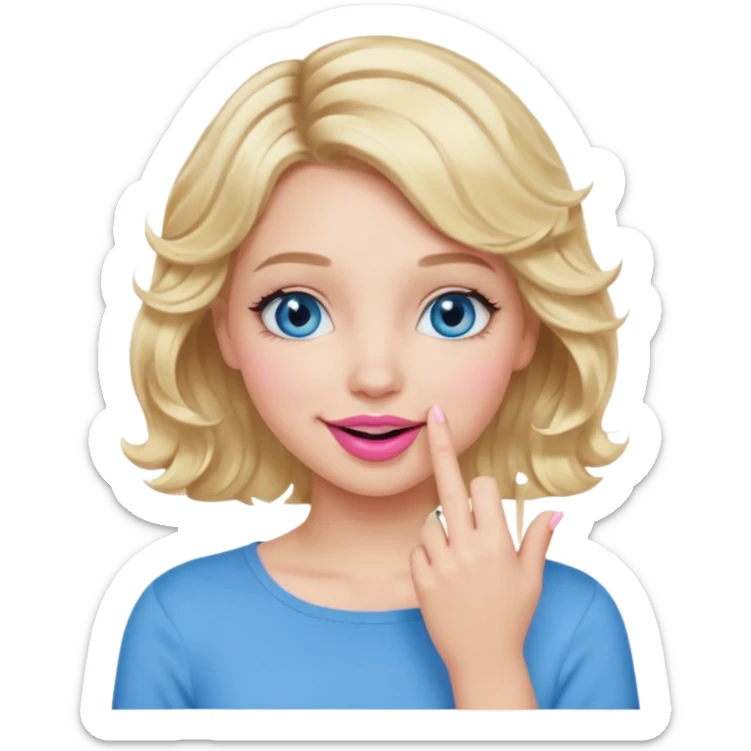 Girl Blonde short wavy hair,  blue eyes, cute blue top, long lashes, pink lips, smiling, hand over the mouth sticker