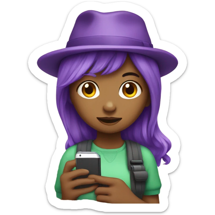 Make an emoji of a daughter who has a cell phone and a green hat with purple hair sticker