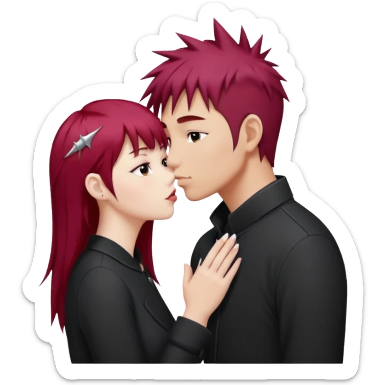 Asian Spiky short red hair  guy kissing white girl with long burgundy hair and bangs  sticker