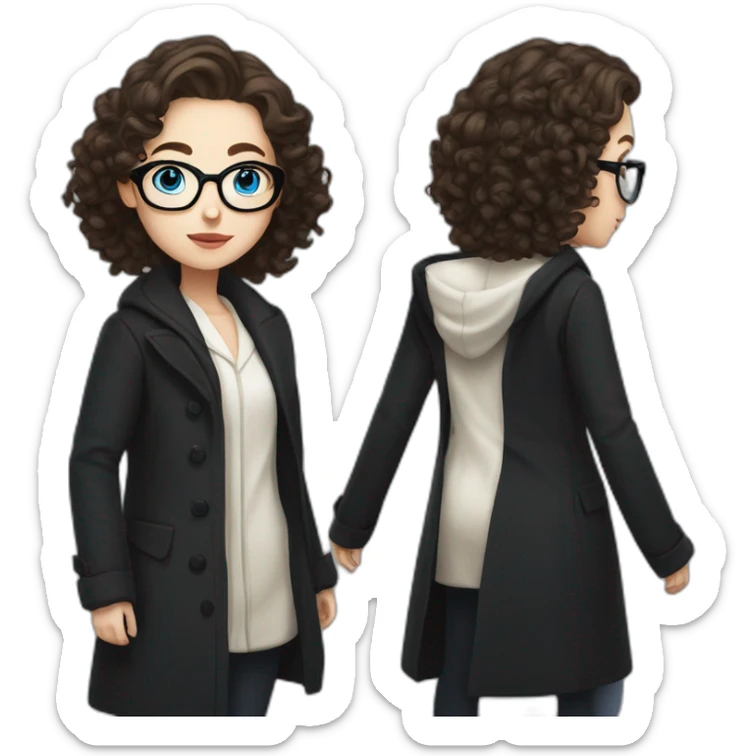 full length girl in a black coat, glasses with big blue eyes and white skin and curly brown long hair and aristocratic high cheekbones sticker