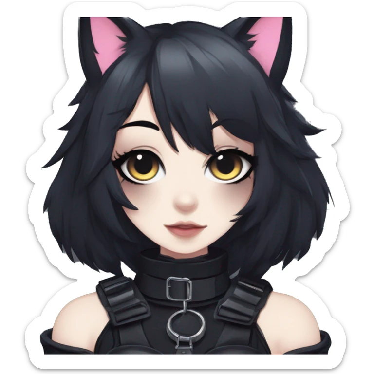 Gorgeous gothic dark techwear anime style anthro black cat furry with blushing face aesthetic and pretty edgy black with collar and harness trending style sticker