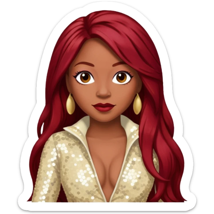 LaTavia Robeson from Destiny's Child with long dark red hair, ivory sequin outfit sticker