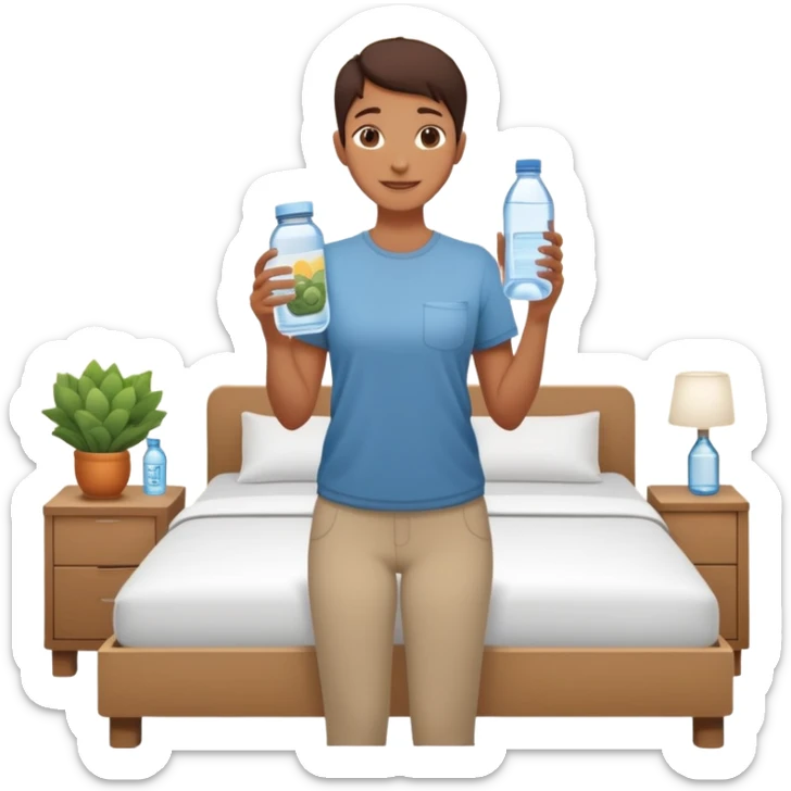 A person in the sun, with a plate of whole foods, water bottle, and glowing bed behind them. Nearby, smiling friends gather—symbolizing balance, healing, and connection through simple daily rituals. sticker