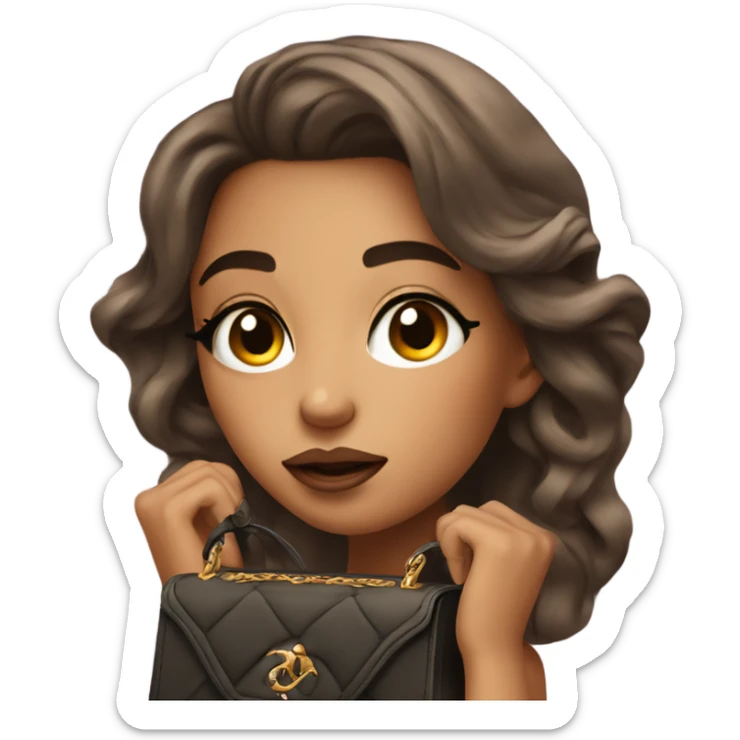 a beautiful girl with makeup who breathing out and eyes up with luxury bag sticker