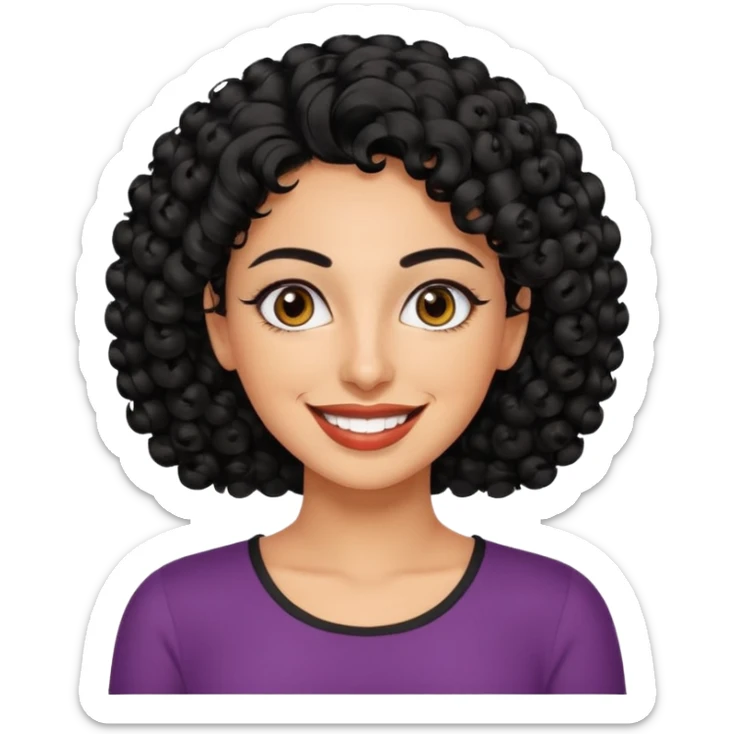 30 year old iranian woman very short curly black hair, big brown eyes, tanned skin, big smile, white teeth, pretty, stylish sticker