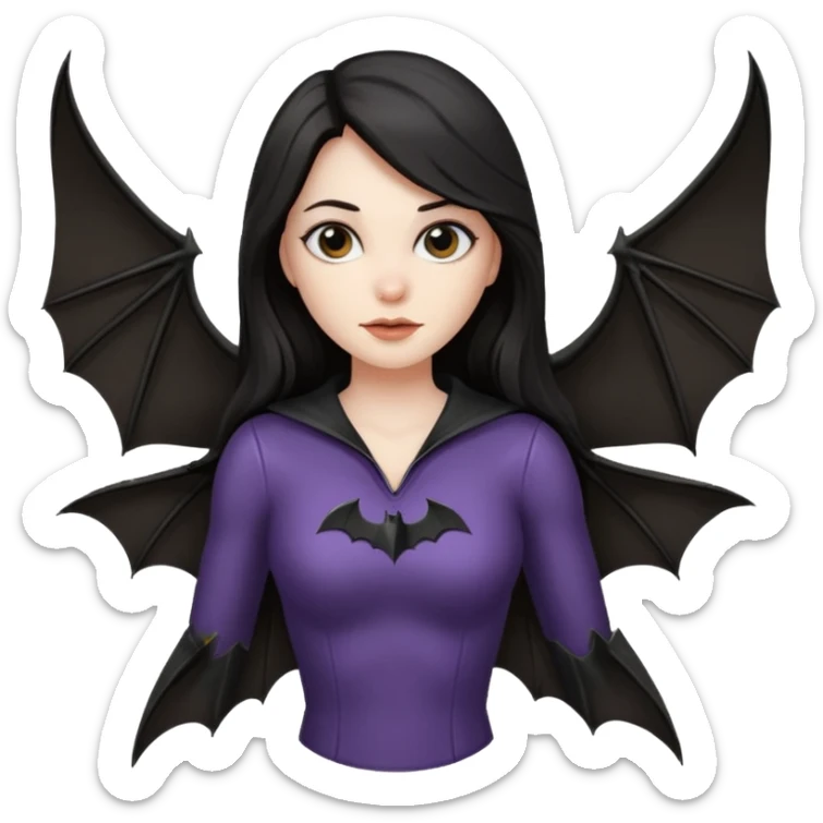 woman with long dark hair and a flying bat nearby sticker