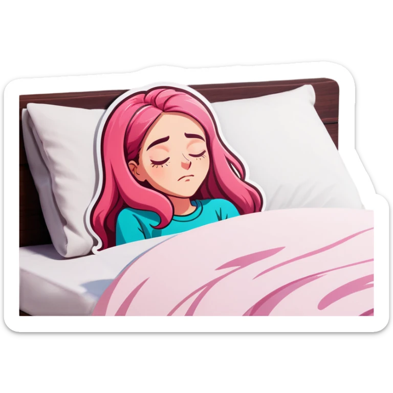 Young Woman with long pink hair In bed with sinus pain  sticker