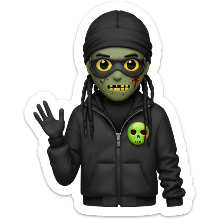 a zombie emoji with black dreads and a black nike jacket and black nike ski mask on his head sticker