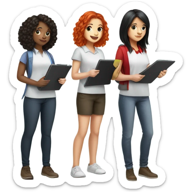 Girl with black hair, brunette girl, and bright red hair girl conducting surveys on clipboards and ipads sticker