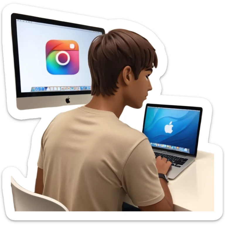 A man seen from behind, with detailed, well-lit hair. He is sitting in front of an open MacBook on a desk. On the MacBook screen, the Instagram logo is clearly visible and glowing. The scene has a modern, minimalistic aesthetic with natural lighting and a sharp, high-resolution look. sticker