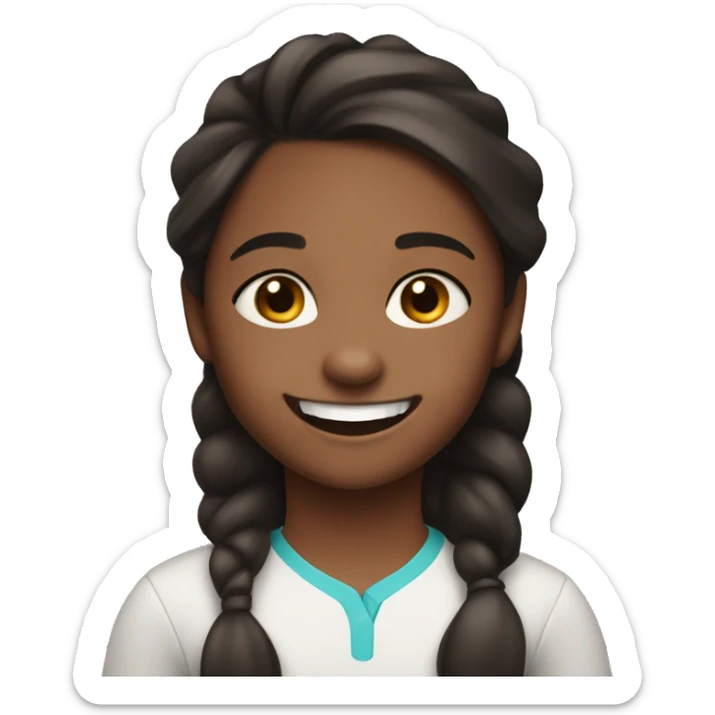 9 year old girl with slightly dark skin, wavy dark hair in a pony tail, and toothy smile sticker