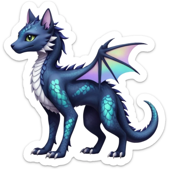Kawaii black pastel iridescent beautiful pretty elegant divine edgy fantasy feline-vernid-sergal-Haku-dragon-fursona animal creature, full body with intricate markings  sticker