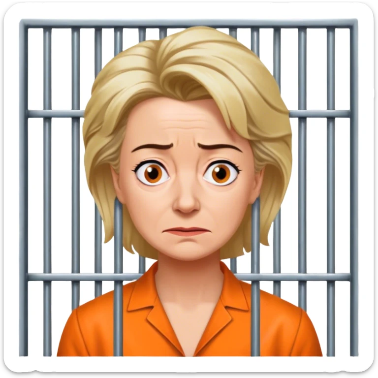 Make a picture of 'Ursula von der Leyen' wearing an orange jumpsuit and behind bars make her look worried but only about herself sticker