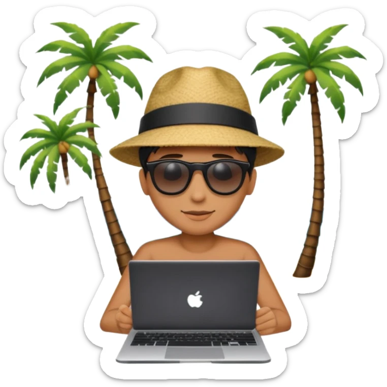 An open laptop on the beach. bildschirm ist schwarz und im hintergrund sind palmen, meer sticker