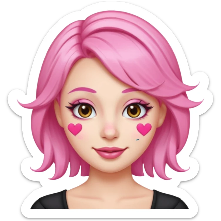 “Emoji girl, pastel pink streaks in hair, bold winged eyeliner, heavy blush on cheeks and nose bridge, under-eye hearts, glossy pink lips, playful smirk.” sticker