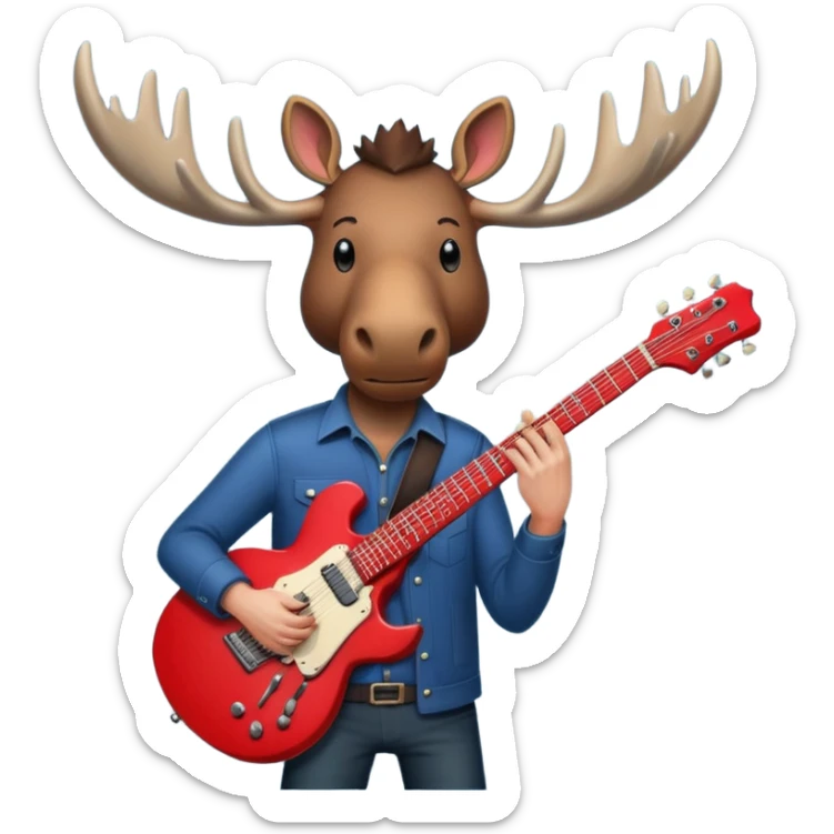  A man with the head of a moose playing a red electric guitar in Alaska. Give him a dark vibe and an attitude sticker