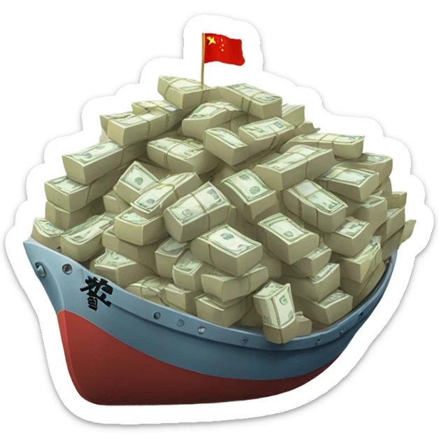 A ship laden with bags of money sailing from China, symbolizing profit from imports. sticker