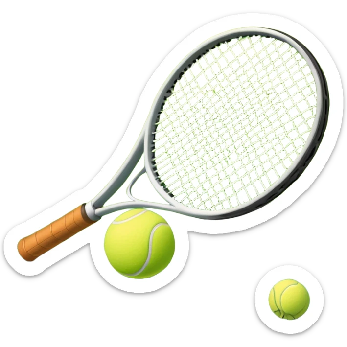 A tennis racket and ball positioned on a grass court, with the net and lines clearly visible in the background. The scene emphasizes the classic elements of the sport, capturing the energy and precision of a tennis match. sticker