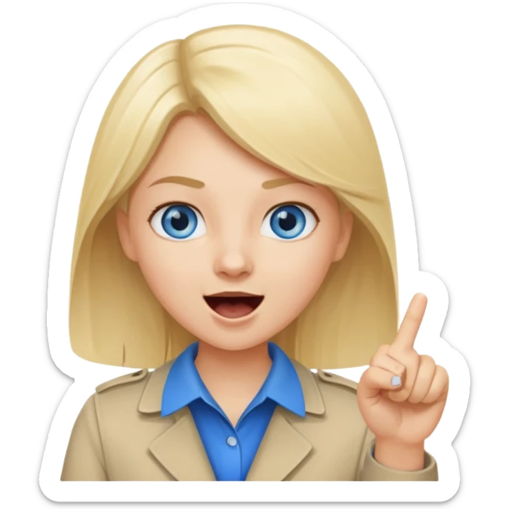 blue eyes blonde girl yelling into megaphone and holding up 1 finger in the other hand smiling sticker