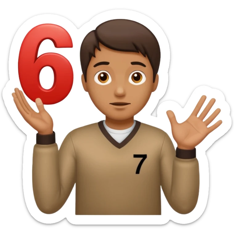 Man shrugging with the number 6 above his left hand and the number 7 above his right hand sticker