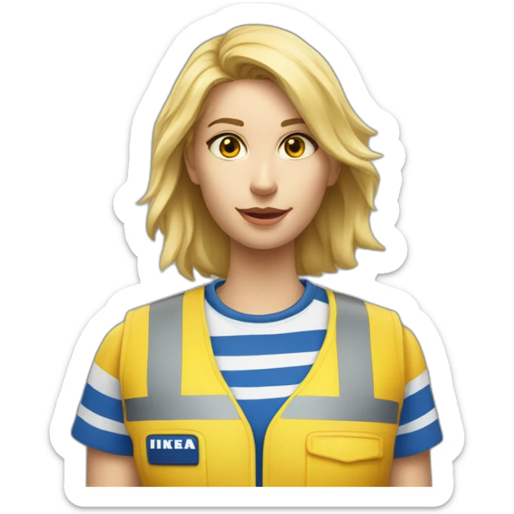 Ikea coworker blond woman blue stripes t-shirt and yellow security vest scanning palets sticker