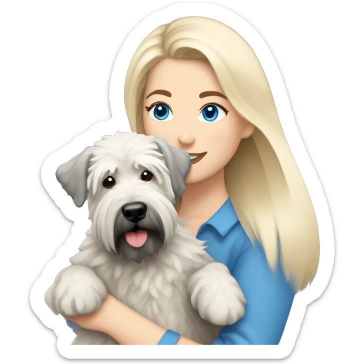 pretty woman blonde hair blue eyes hugging a white and gray soft coated wheaten terrier dog sticker