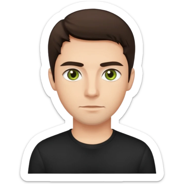 A man with olive green eyes, dark brown hair, fair skin tone, wearing a black shirt  sticker
