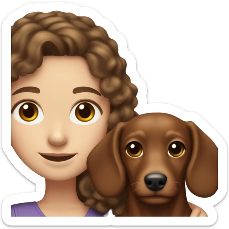 White Girl long curly brown hair smiling and brown eyes with long eyelashes and holding a dachshund  in her arms sticker
