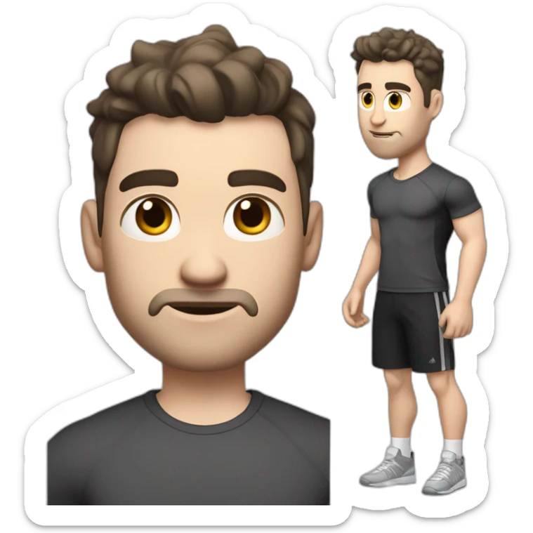 Confused Pale skinned Fit Man With the biceps and dark brown hair in black shirt, gray sports shorts and white Sneakers sticker
