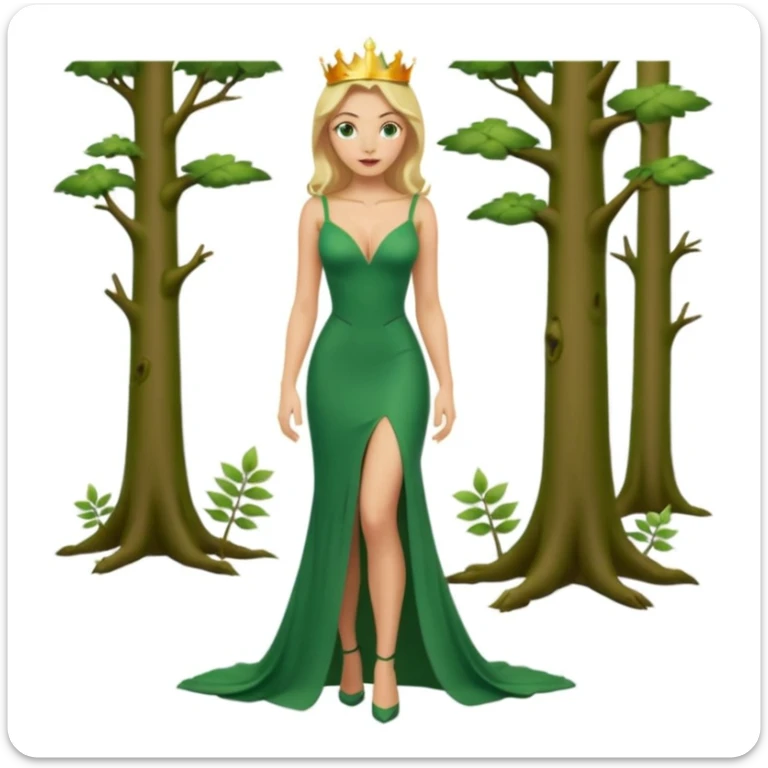 Queen, crown, blonde hair, green eyes, long green tight dress, decoltee,  Leg slit, whole Body, Background forest  sticker