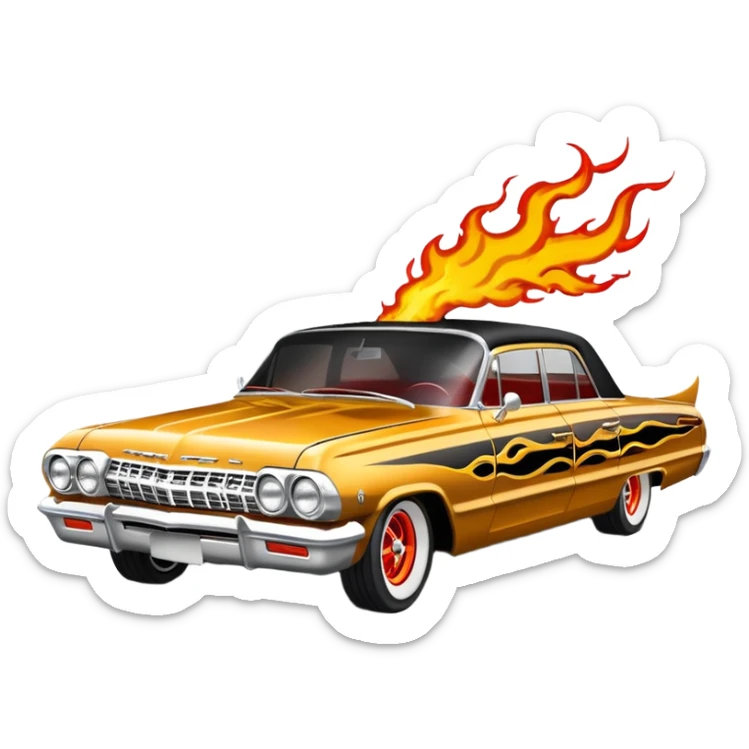 Satans Hot rod custom 1964 impala low rider four door Anubis theme painted hood flaming side-pipes driving straight to hell  sticker