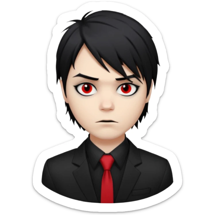 Gerard Way (Revenge Era)
Round, simplified emoji style
Pale skin tone
Jet-black, shoulder-length hair messy and emo
Heavy eyeliner and slight red shadow under the eyes
Subtle serious
Hint of red tie visible on black button up shirt.
Transparent background. Black eyeliner. Messy emo hair sticker
