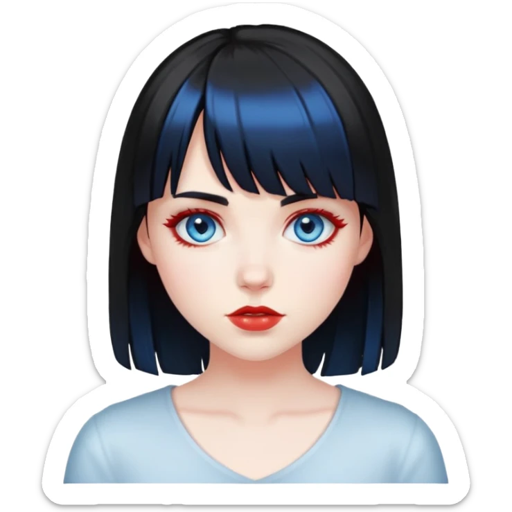 Pale girl with blue eyes, black hair with red highlights and bangs sticker