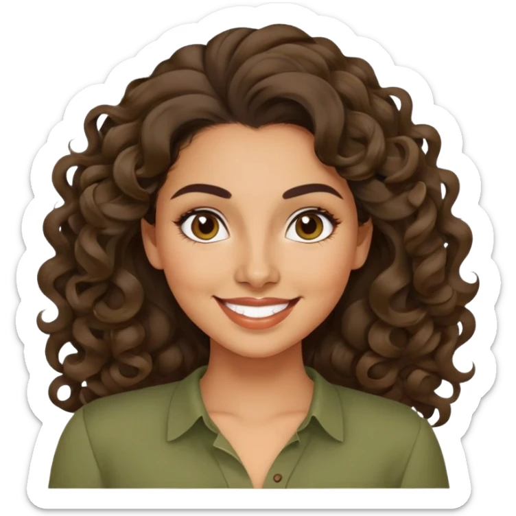 Mujer latina piel canela, mediana, cara redonda en forma de pera, cejas definidas, pelo muy largo rizado, peinado hacia atrás con bucles sueltos al frente. Sonrisa amplia, expresión alegre. Blusa verde olivo sticker