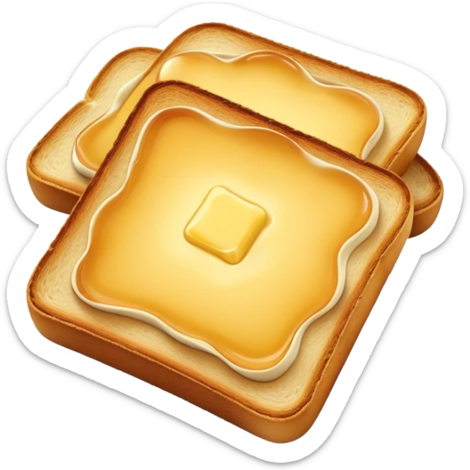 Cinematic warm toasted bread, golden-brown edges, butter melting into the surface, slightly crispy texture, simple and comforting, warm glowing background, inviting and homely. sticker