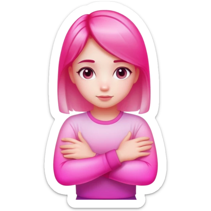 Shy girl character with arms crossed, transparent glass style, bright pink gradient, soft shadows and highlights, minimalist cute design sticker