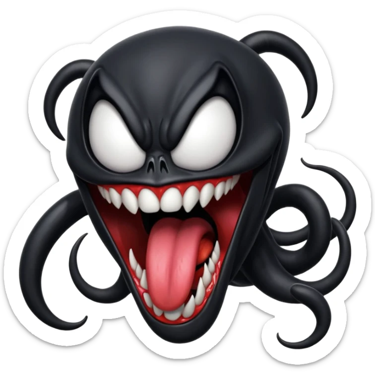 Venom symbiote, wild and freaky, sticking his tongue out, Apple OS emoji style, no apple shape sticker