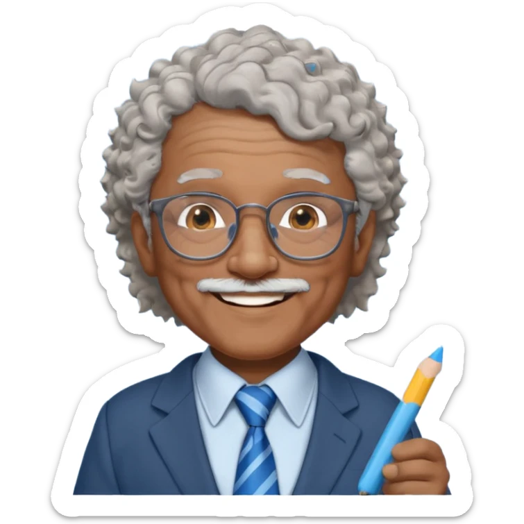 old man teacher, brown skin, curly grey white hai, wearing glasses, brown suit, blue tie hold chalk on hand sticker