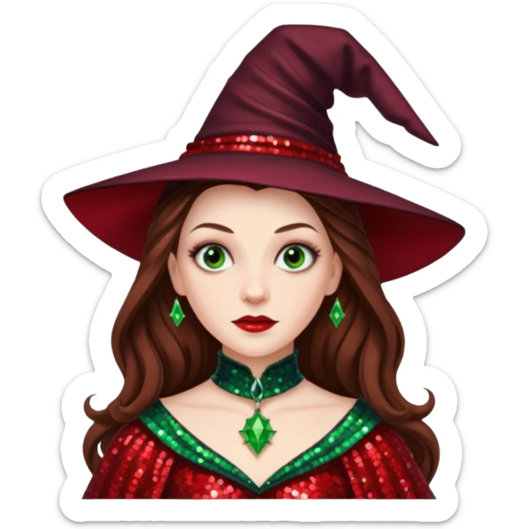 Nessarose, Wicked Witch of the East from The Wizard of Oz with long brown hair, red sequin outfit sticker