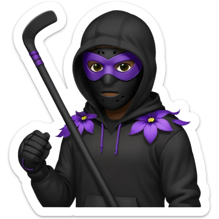 non human male cartoon character related to a shadow, all black skin, with all black clothes, focusing a black hoodie, and a black hockey mask covering his entire face, just his purple shadow eyes making a light bloom, no background sticker