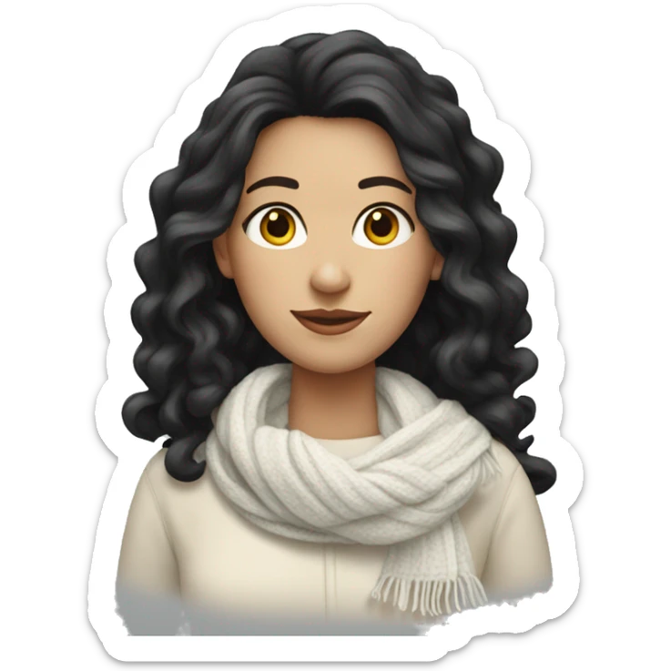 White Women with long wavy BLACK HAIR and white scarf and sweater  sticker