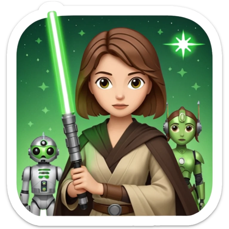 Ios 18 starwars theme ( jedi, robots etc..) brown hair lady with lightaber green or red sticker