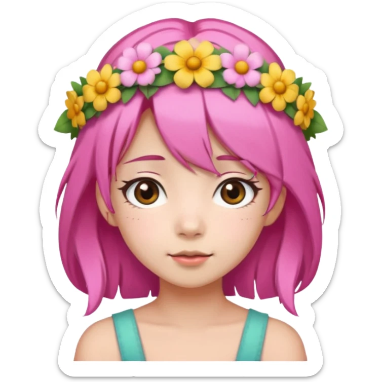An Asian girl with  pink hair, big eyes,sweet
 sticker