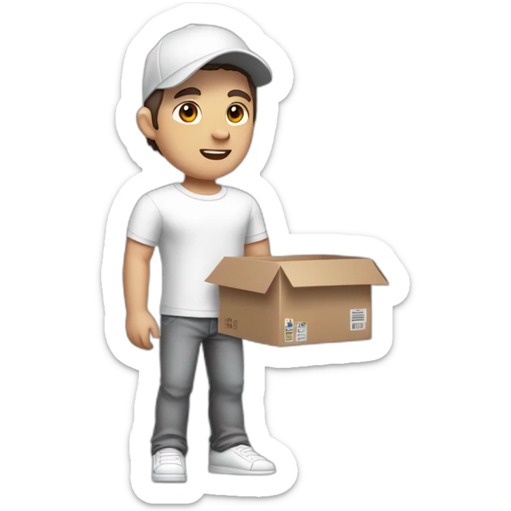 Pale skinned fit Man with dark brown hair in a white cap, gray jeans and gray polo T-shirt keeping a pasted with tape box into his hands sticker