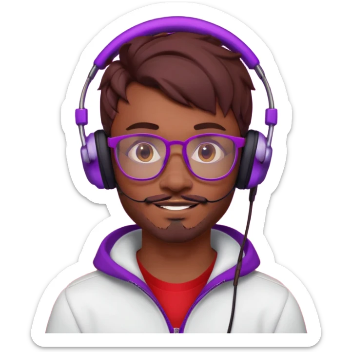 It’s a relaxed selfie of you wearing a glowing gaming headset, glasses, and piercings, lit by red and purple room lights, with a soft, tired-smirk expression brown hair with devil horns and facial hair

 sticker