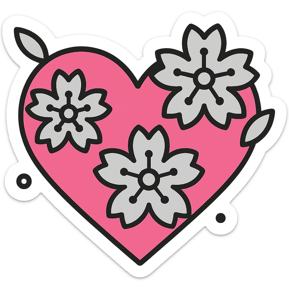 Make the silver details on the heart with sakura more prominent in color outline icon style. No background. sticker