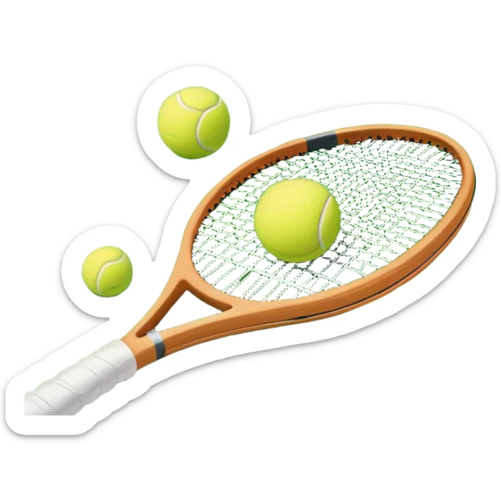 A tennis racket and ball placed on the grass court, with the lines of the court clearly visible in the background. The scene captures the essence of the sport, highlighting the equipment and the vibrant, open atmosphere of a tennis match sticker