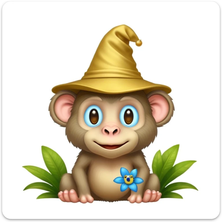 Funny cartoon hybrid baboon-bush with big feet and nose, golden hat, tiny blue frog inside, emoji style, transparent background, magical and surreal sticker