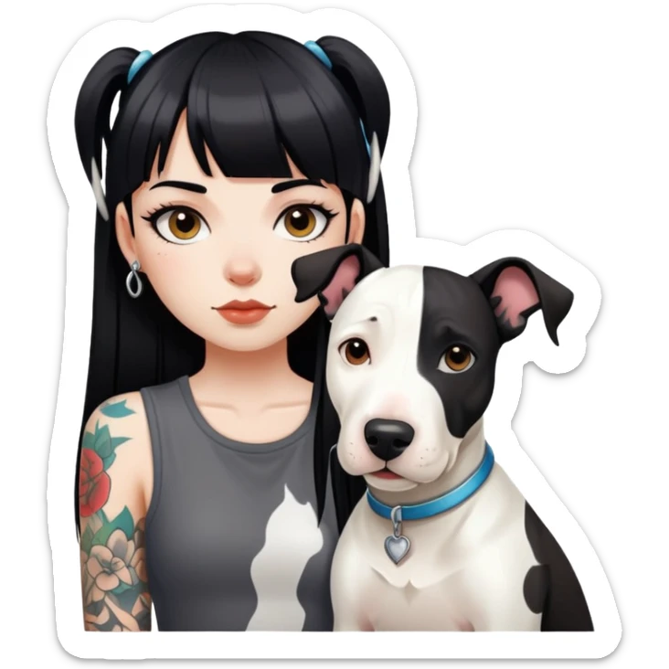 girl with long black  straight bangs hair with tattoo and a Springer dog  and  bull a   white terrifying dog sticker