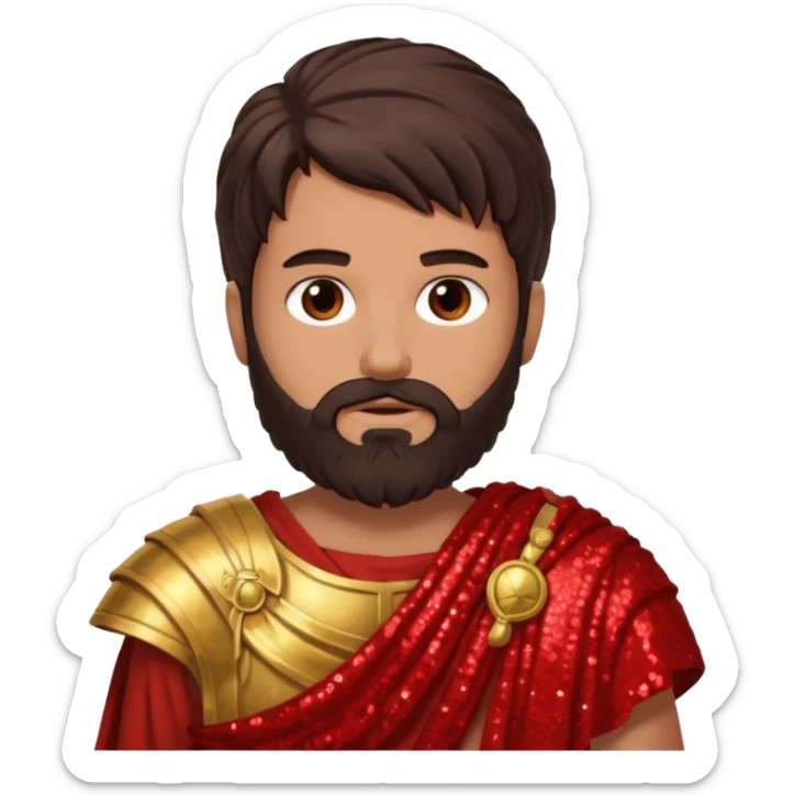Mars from Roman Deities with long dark brown hair and beard, red sequin toga, light tan skin sticker